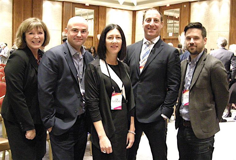 The panel post-discussion: Deloitte Real Estate VP / workplace national leader Debbie Baxter; Crown Realty partner Scott Watson; CBRE managing director workplace strategy Lisa Fulford-Roy, who moderated; Dream Office REIT SVP Kevin Hardy; and figure3 design research/strategy leader Tyler Gilchrist.