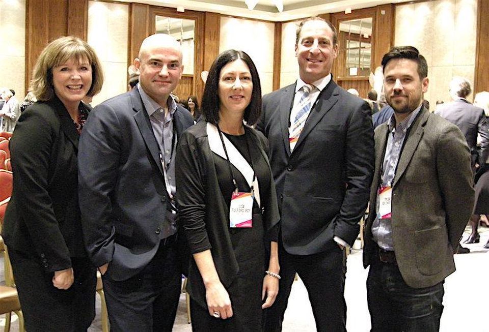 The panel post-discussion: Deloitte Real Estate VP / workplace national leader Debbie Baxter; Crown Realty partner Scott Watson; CBRE managing director workplace strategy Lisa Fulford-Roy, who moderated; Dream Office REIT SVP Kevin Hardy; and figure3 design research/strategy leader Tyler Gilchrist.
