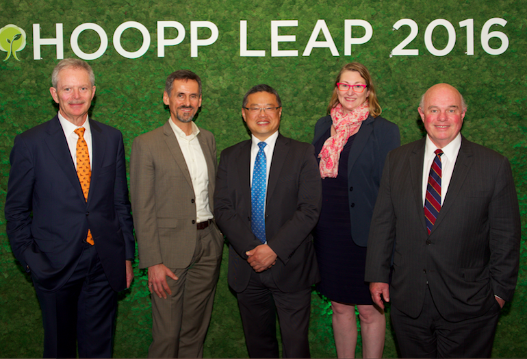 Here's Jim Keohane (left) at last week’s HOOPP-hosted Leadership In Environmental Advancement Program (LEAP) conference, with City of Vancouver green building manager Sean Pander, councillor Raymond Louie and HOOPP senior portfolio manager Lisa Lafave and real estate VP Stephen Taylor.