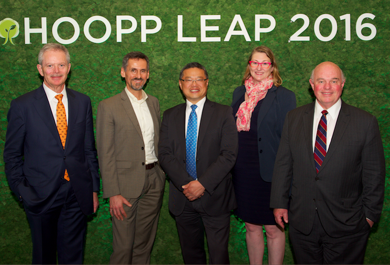 Here's Jim Keohane (left) at last week’s HOOPP-hosted Leadership In Environmental Advancement Program (LEAP) conference, with City of Vancouver green building manager Sean Pander, councillor Raymond Louie and HOOPP senior portfolio manager Lisa Lafave and real estate VP Stephen Taylor.
