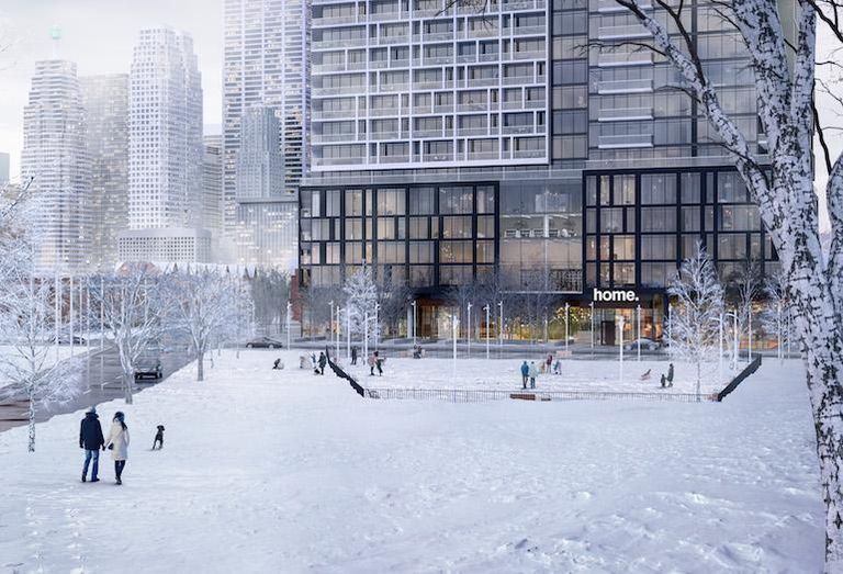 A rendering of the public park planned for the east side of the Home building, across the road from an existing dog park.