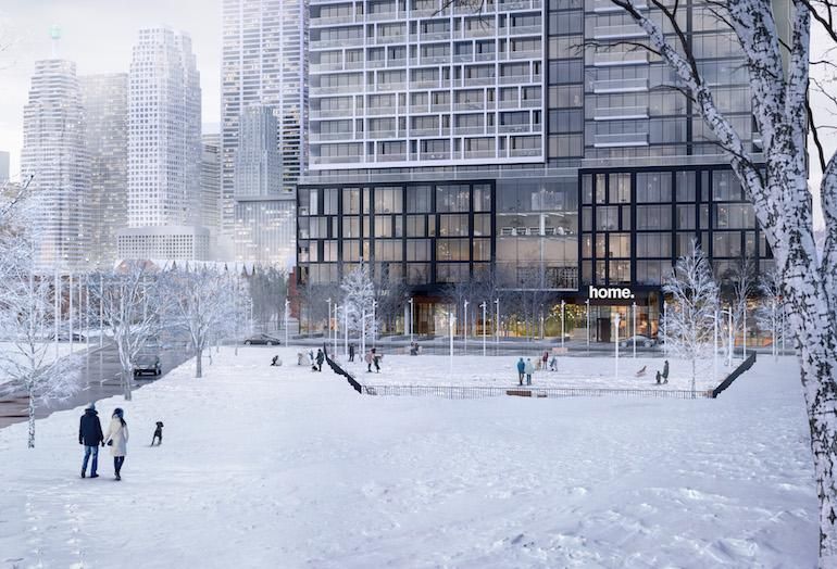 A rendering of the public park planned for the east side of the Home building, across the road from an existing dog park.
