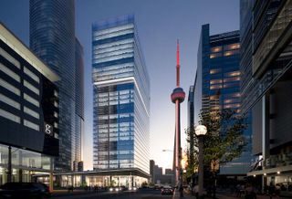 A view of 16 York St looking west down Bremner Boulevard from Maple Leaf Square.