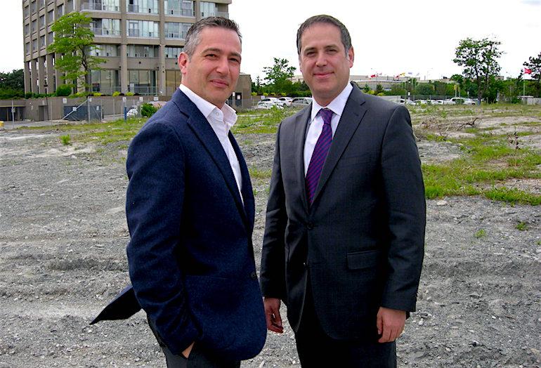 Lindvest VP Michoel Klugmann and sales director Joseph Alberga on the site of Sonic Condos. 