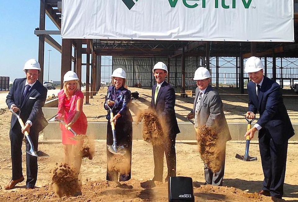 Pictured at the recent groundbreaking for Veritiv's new HQ: Savills Studley Canada founder Stan Krawitz (who brokered the deal); Mississauga Mayor Bonnie Crombie, Veritiv’s chair/CEO Mary Laschinger and president Jason Alderman; Mississauga Board of Trade president David Wojcik; and Blair Wolk, VP for Orlando Corp, which owns the land and is developing the facility for Veritiv.