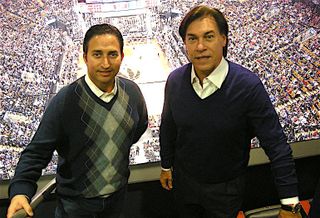 Manuel Grosskopf of Château Group and Edgardo Defortuna of Fortune International at the Air Canada Centre during a Toronto Raptors game.