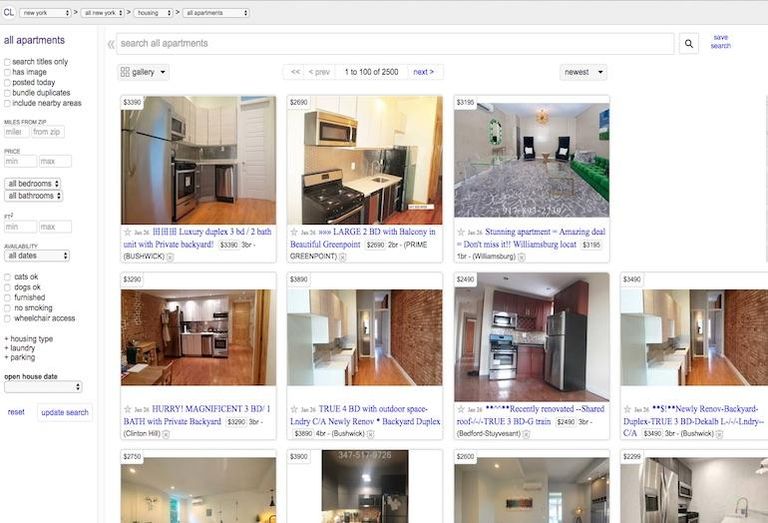 Apartment rentals available on the New York Craigslist page  