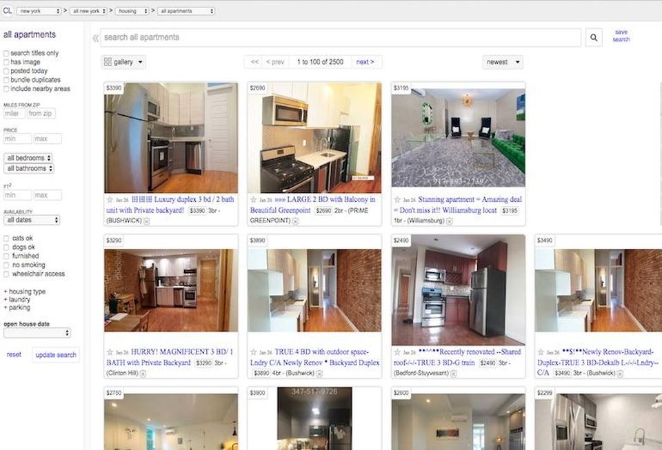 Apartment rentals available on the New York Craigslist page