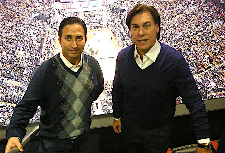 Manuel Grosskopf of Château Group and Edgardo Defortuna of Fortune International at the Air Canada Centre during a Toronto Raptors game.