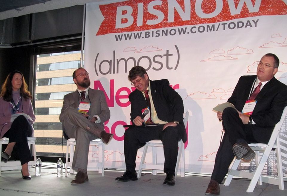 Deniese Palmer-Huggins, Adam Perdue, Patrick Jankowski and Russell Kelly at Bisnow's Impact of Oil and Gas on Real Estate event in Houston January 2016