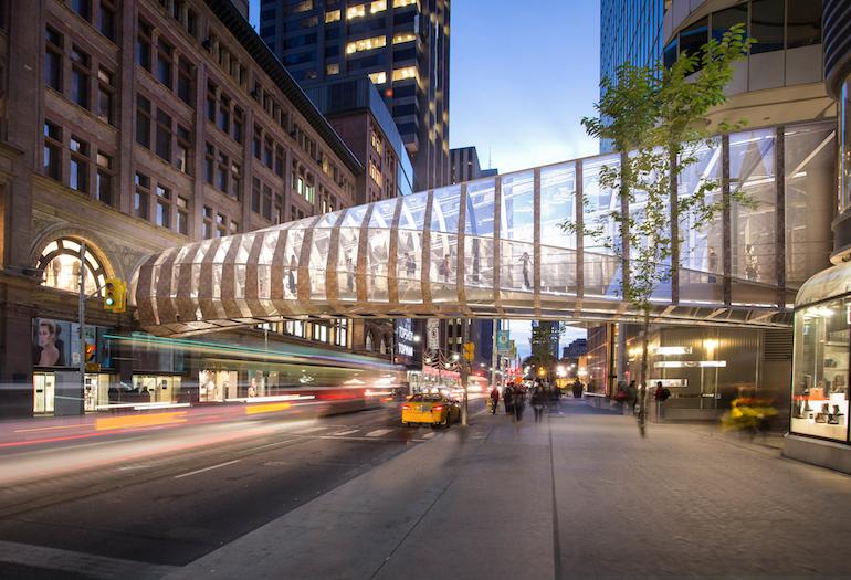 A rendering of the new bridge connecting CF Toronto Eaton Centre and the Hudson's Bay and Saks Fifth Avenue flagships