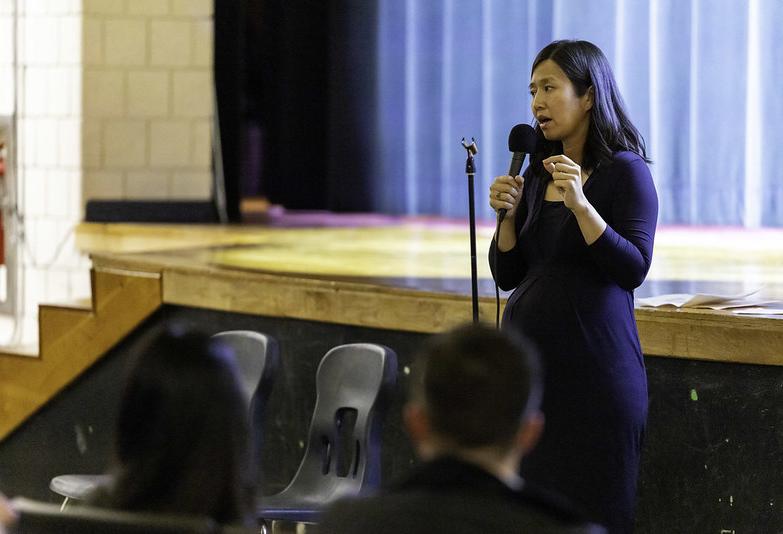 Mayor Michelle Wu speaking at a town hall meeting about Boston's property tax shift proposal.
