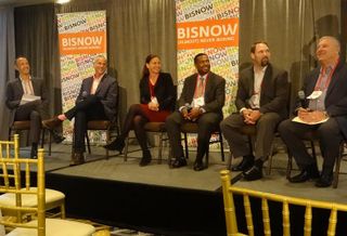 Dialog's Vance Harris, who moderated, Chariot's Dan Grossman, Stanford University's Jessica Alba, BART's Sean Brooks, Overra Construction's Vinson Heine and Caltrain's Jim Hartnett on the transit panel at Bisnow's Office West event in San Francisco