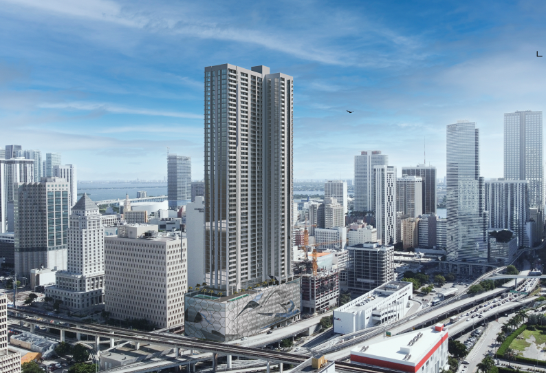 A rendering of M Tower, a 57-story building planned atop a city-owned parking garage in Downtown Miami