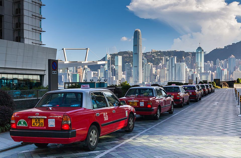 Taxis in front of the International Commerce Centre, Kowloon Waterfront, Hong Kong