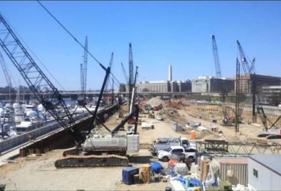 Cranes at The Wharf's construction site in April 2015