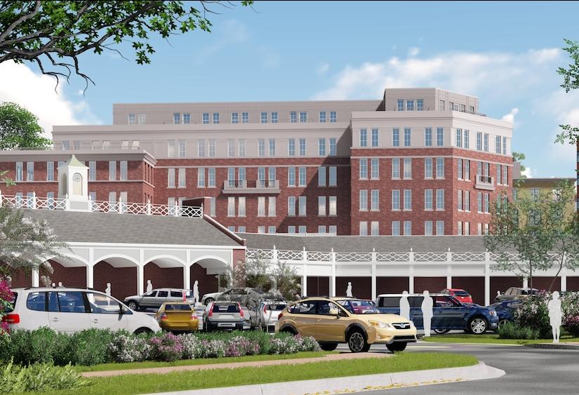 A rendering with the Lady Bird development in the background and the existing Spring Valley Shopping Center in the foreground. 
