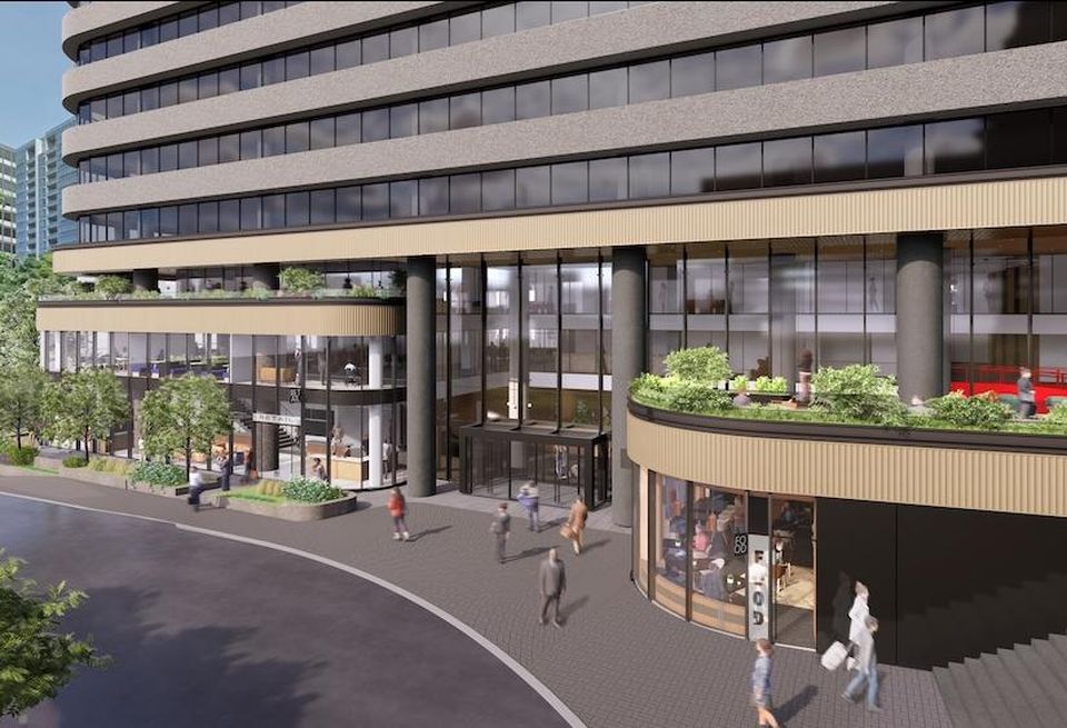 A rendering of the renovated entrance to JBG Smith's 2011 Crystal Drive in National Landing