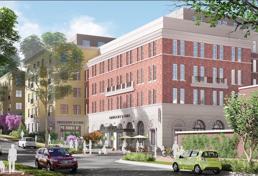 A rendering of the Lady Bird development, featuring the ground-floor space for a grocery store. 
