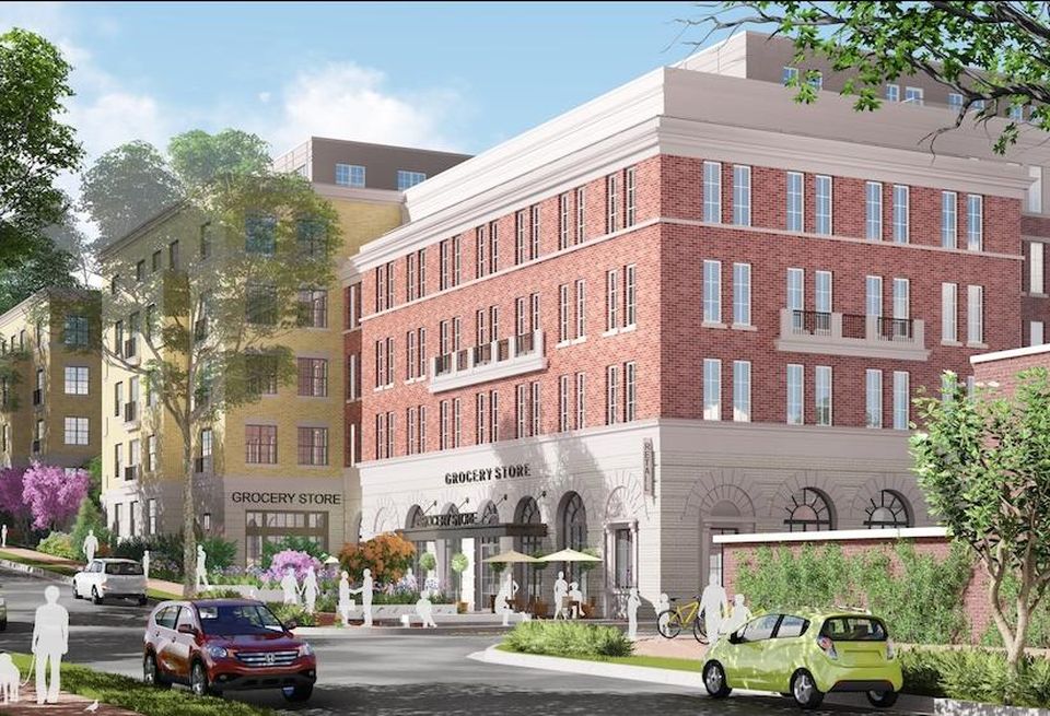 A rendering of the Lady Bird development, featuring the ground-floor space for a grocery store.