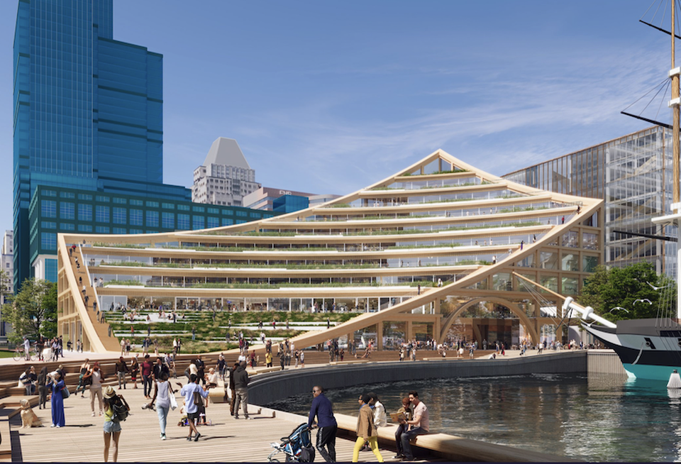 A rendering of a retail and commercial building, dubbed The Sail, planned for 201 East Pratt St. at Harborplace.