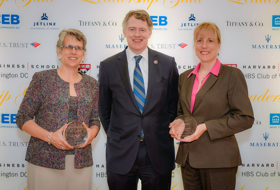 Manna Food Center executive director Jackie DeCarlo, CEB CEO Tom Monahan and District Alliance executive director Peg Hacskaylo