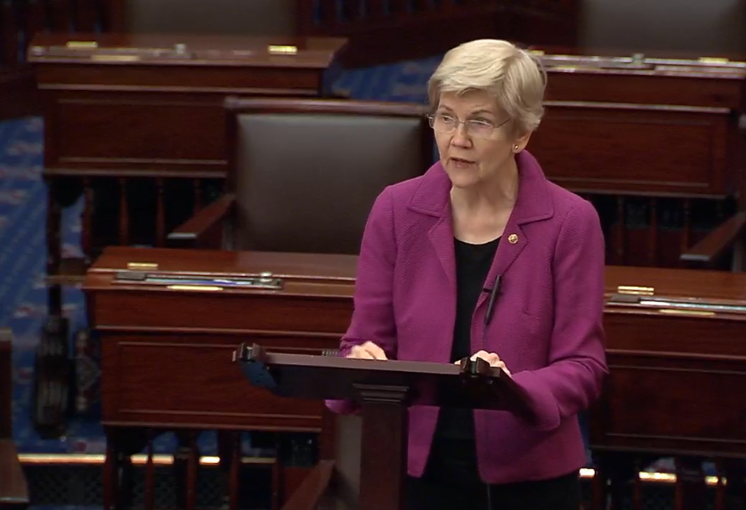 Sen. Elizabeth Warren speaks in support of the 21st Century ROAD to Housing Act on March 12.