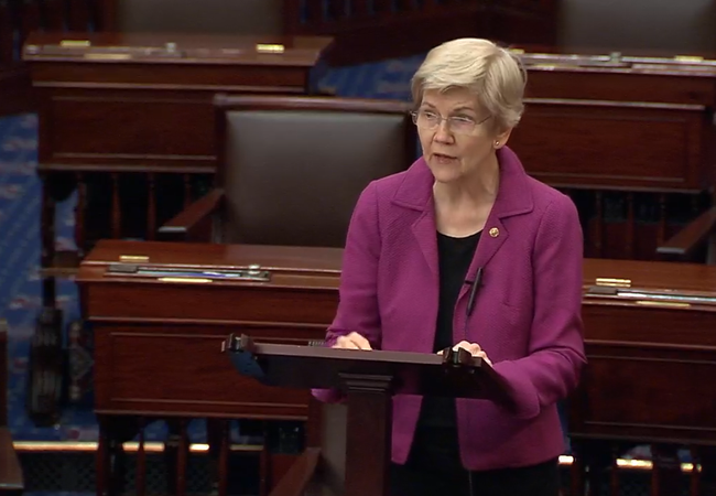 Sen. Elizabeth Warren speaks in support of the 21st Century ROAD to Housing Act on March 12.