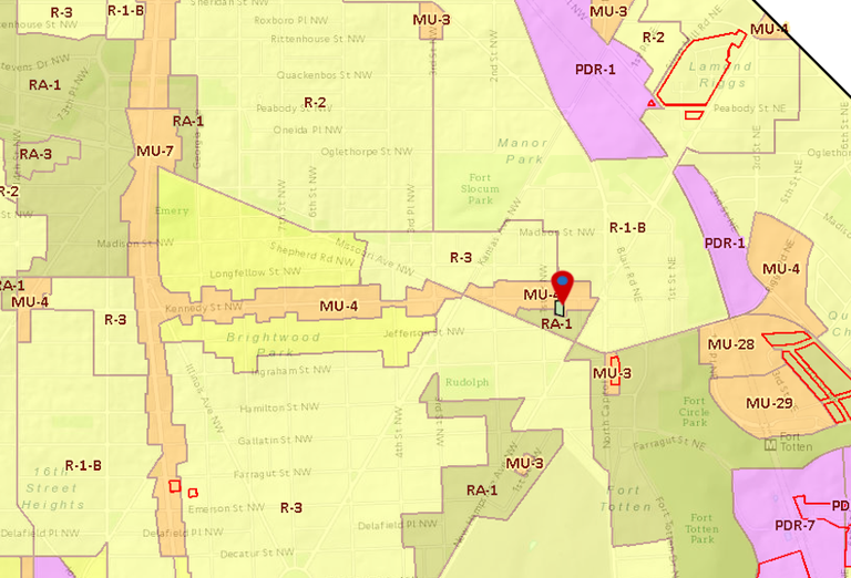 The 22-24 Kennedy St. NW property (highlighted) sits on the only east-to-west mixed-use corridor in its section of Northwest D.C.