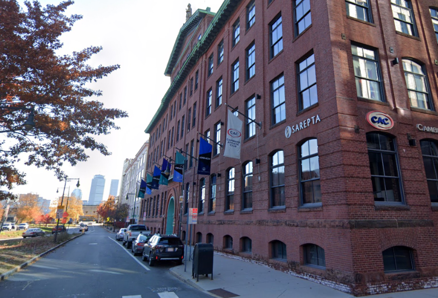 The life sciences building at 210 First St. in Cambridge, with Boston's skyline in the background. 