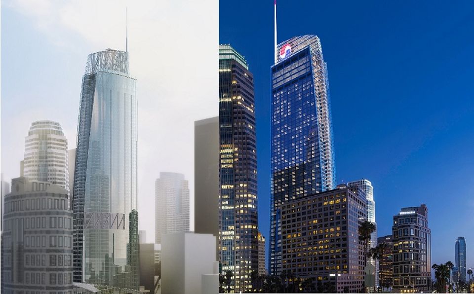 Wilshire Grand in day and night