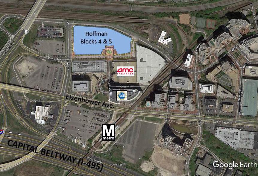 An aerial view of StonebridgCarras' site at Hoffman Town Center in Alexandria