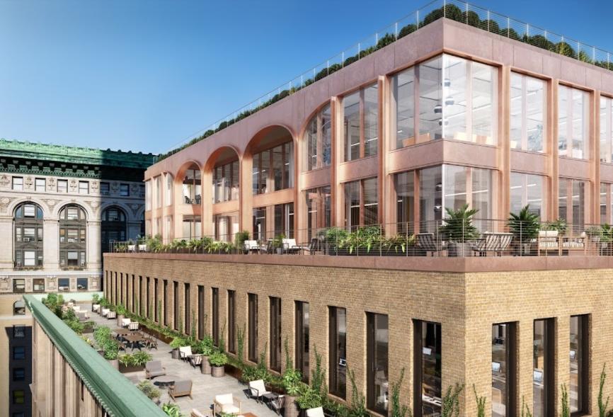 A rendering of updates to 295 Fifth Ave., formerly known as the textile building, to provide two top-floor penthouse spaces.