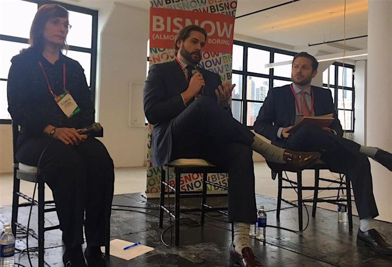 LIC Parnership President Liz Lusskin, Atlas Capital's Jay Fehskens and Eastern Consolidated's Chad Sinsheimer at Bisnow's Long Island City State of the Market event Dec. 6, 2017