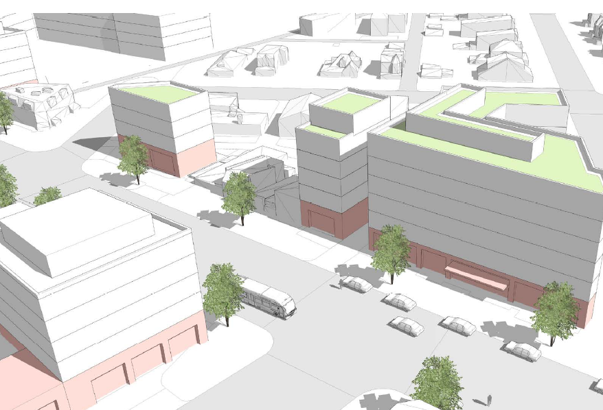 Illustration of building massing. Upzoning along Martin Luther King Jr. Ave. SE in Congress Heights would increase height limits from 50 to 70 feet.
