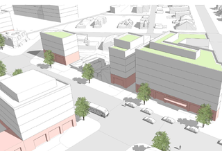 Illustration of building massing. Upzoning along Martin Luther King Jr. Ave. SE in Congress Heights would increase height limits from 50 to 70 feet.