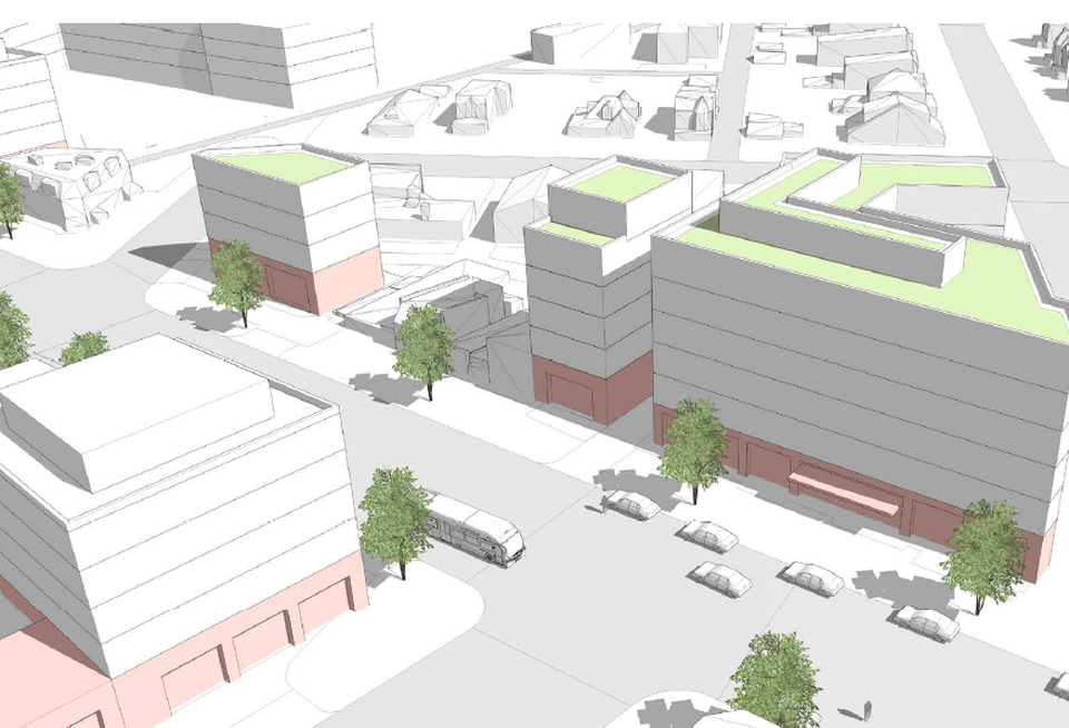 Illustration of building massing. Upzoning along Martin Luther King Jr. Ave. SE in Congress Heights would increase height limits from 50 to 70 feet.