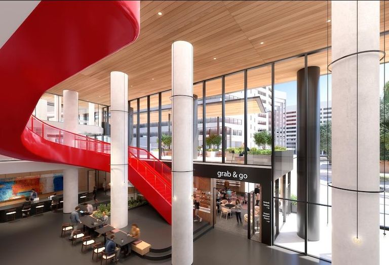 A rendering of the renovated lobby and new grab & go market in the 2011 Crystal Drive building. 