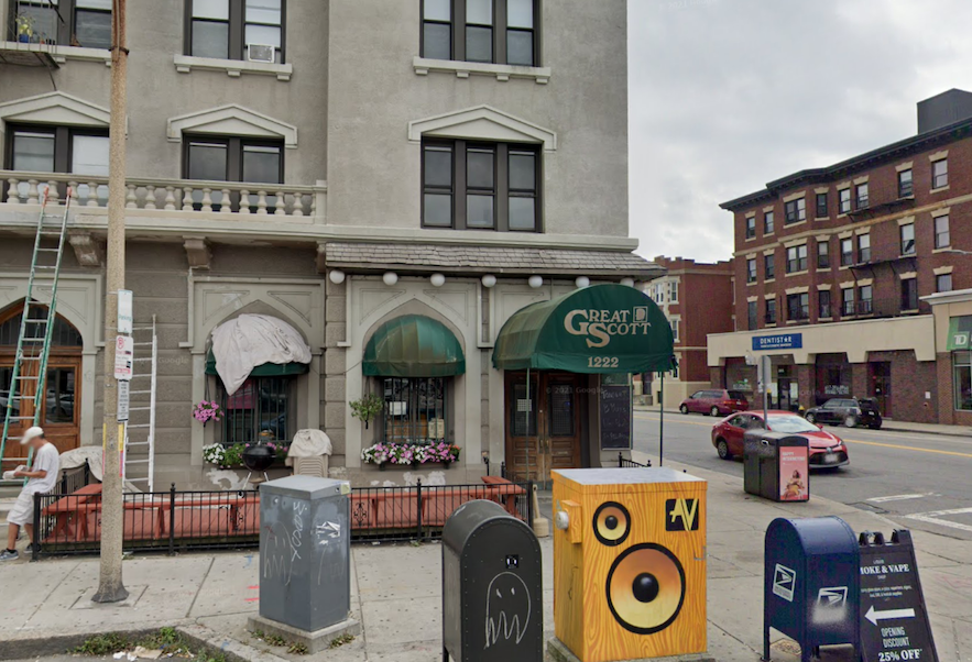 The Great Scott green awning outside of the music venue, photographed in 2019.
