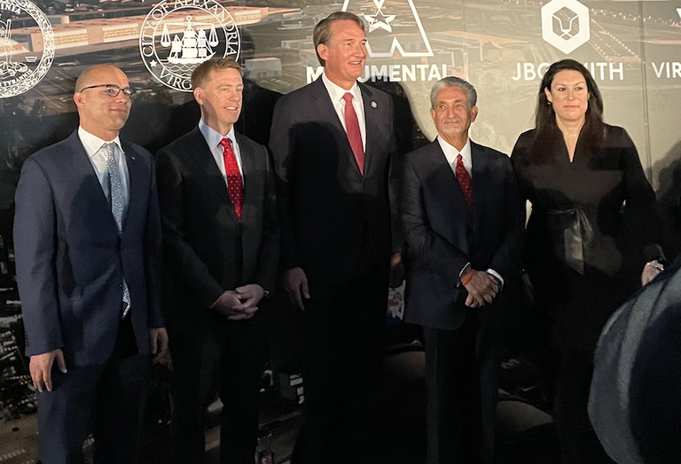 Alexandria Mayor Justin Wilson, JBG Smith CEO Matt Kelly, Virginia Gov. Glenn Youngkin, Monumental's Ted Leonsis and Alexandria Economic Development Partnership's Stephanie Landrum. 