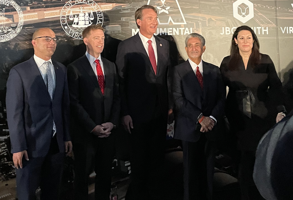 Alexandria Mayor Justin Wilson, JBG Smith CEO Matt Kelly, Virginia Gov. Glenn Youngkin, Monumental's Ted Leonsis and Alexandria Economic Development Partnership's Stephanie Landrum.
