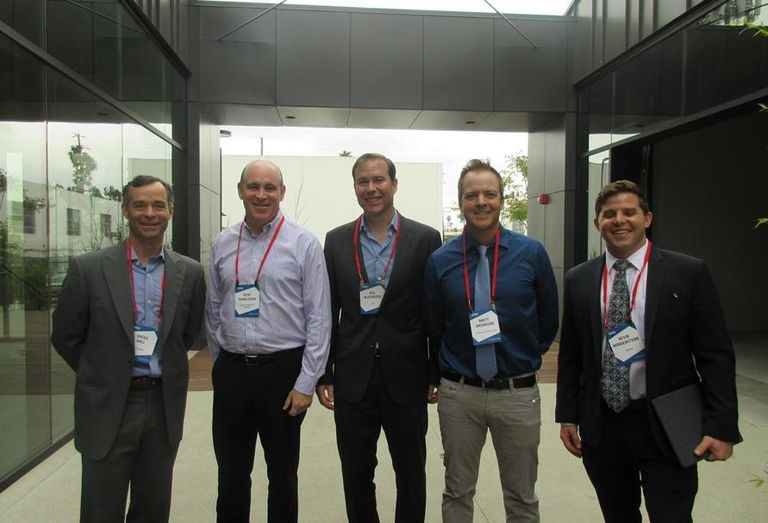 Steelwave managing director Gregg Hall, Lincoln Property Company senior vice president Kent Handleman, CBRE senior vice president Bill Bloodgood and Propeller Properties Designer/Developer – The Idea Factory Brett Drogmund with Bisnow's Kevin Morgenstern. 
