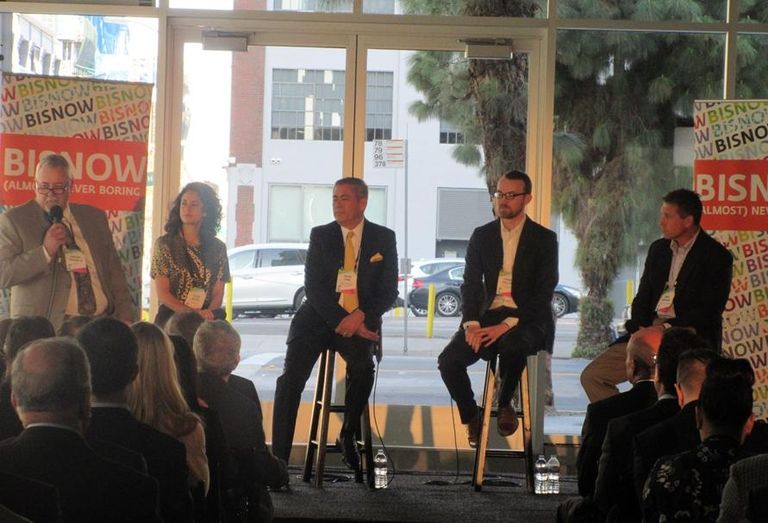 Future of South Park Event, LA: They are shown here from left to right: The Ritz-Carlton & JW Marriott LA, L.A. LIVE Javier Cano, Twining Inc. Chairman Edward Twining, Jr., South Park BID Interim Executive Director Ellen Riotto, LA Streetcar, Inc. Project Director Shane Phillips and Pacific Property Partners Managing Partner Chris Atkinson. 