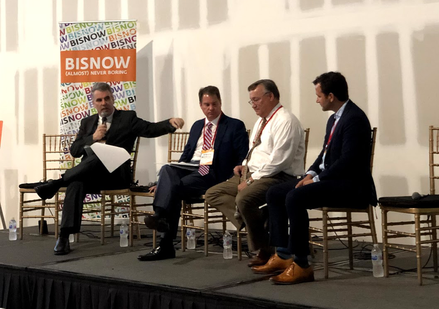 Greenberg Traurig shareholder Jonathan Gelman, McCraney Property Co. CEO Steve McCraney, PortMiami Head of Business Development and Marketing Don Wrinkle and Prologis executive Scott Gregory speak on a Bisnow panel June 27, 2019.