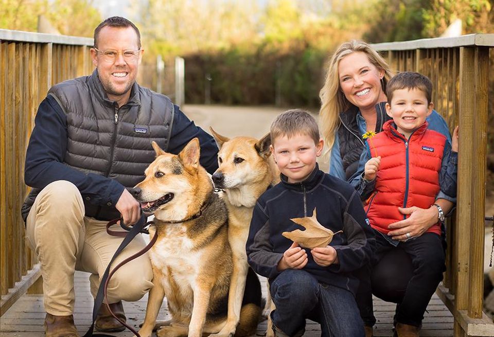Phillip Voorhees & family: wife, Kristen, and sons, Mercer and Nicholas. The dogs are Rover and Stu.
