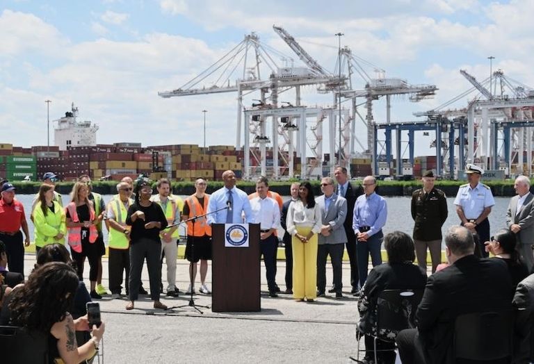Maryland Gov. Wes Moore speaking at the Port of Baltimore's reopening event on June 12. 