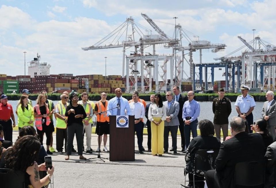 Maryland Gov. Wes Moore speaking at the Port of Baltimore's reopening event on June 12.