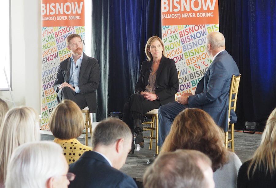 JBG Smith CEO Matt Kelly, Amazon Head of Worldwide Economic Development Holly Sullivan and Cushman & Wakefield Vice Chairman Bill Collins speak at a Bisnow event Feb. 28, 2019.