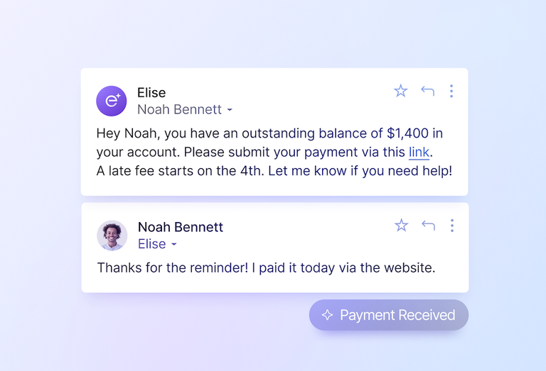 An example conversation showing how EliseAI's rent collections platform uses AI to speak with tenants. 