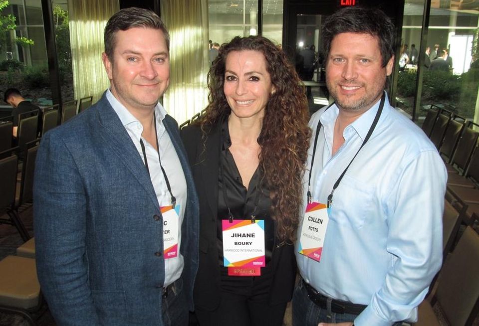 Harwood International's Jihane Boury with Royal Blue's Zac Porter and Cullen Potts at Bisnow's Downtown Dallas event May '16